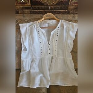 NWOT Lucky Brand Cream Embroidered Short Sleeve Top